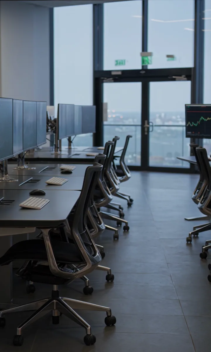 Sala de operaciones financieras con múltiples monitores de mercado